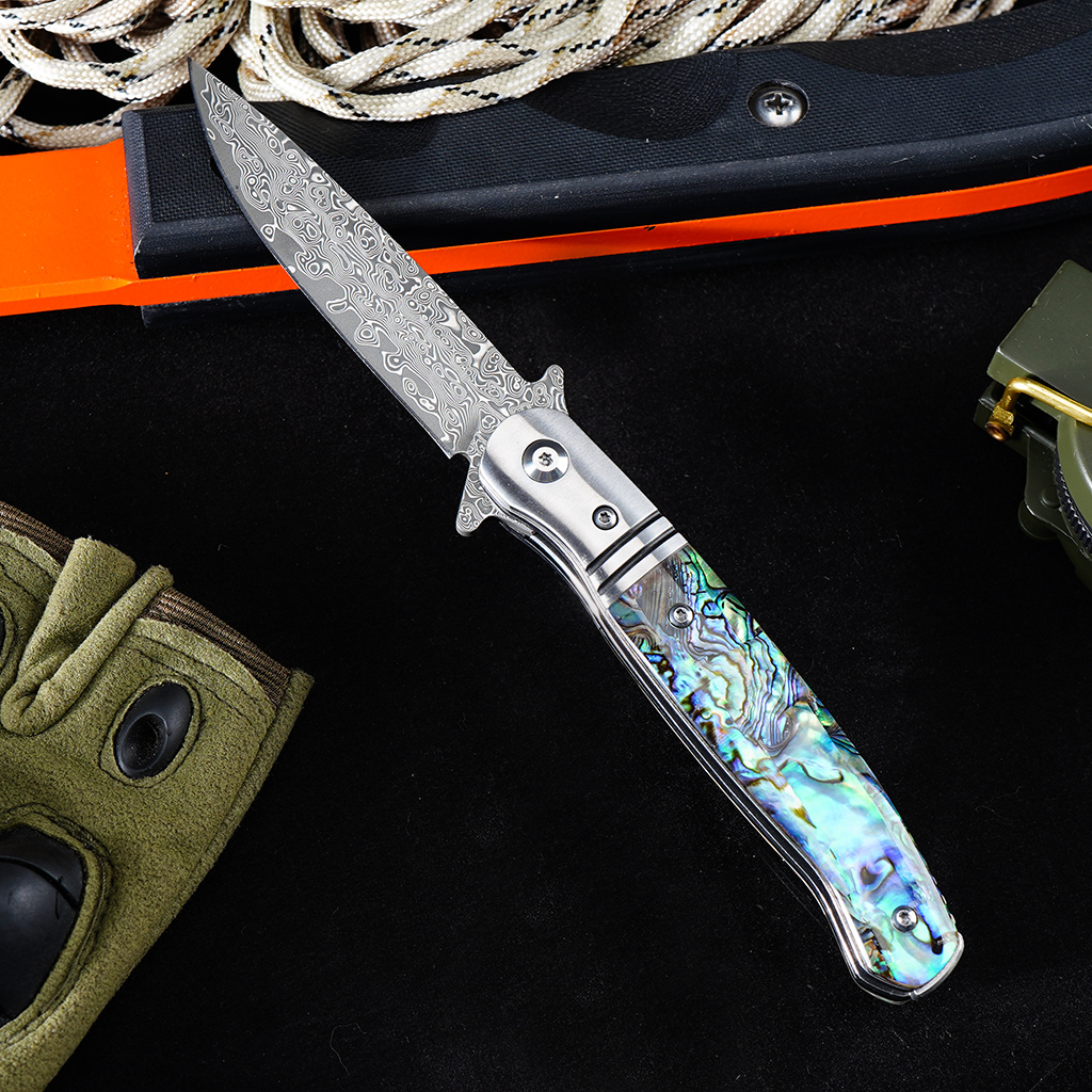 Tunafire Knife GT0214 ball bearing Damascus folding pocket knife CNC ground blade 3A color shell handle collectible EDC knife