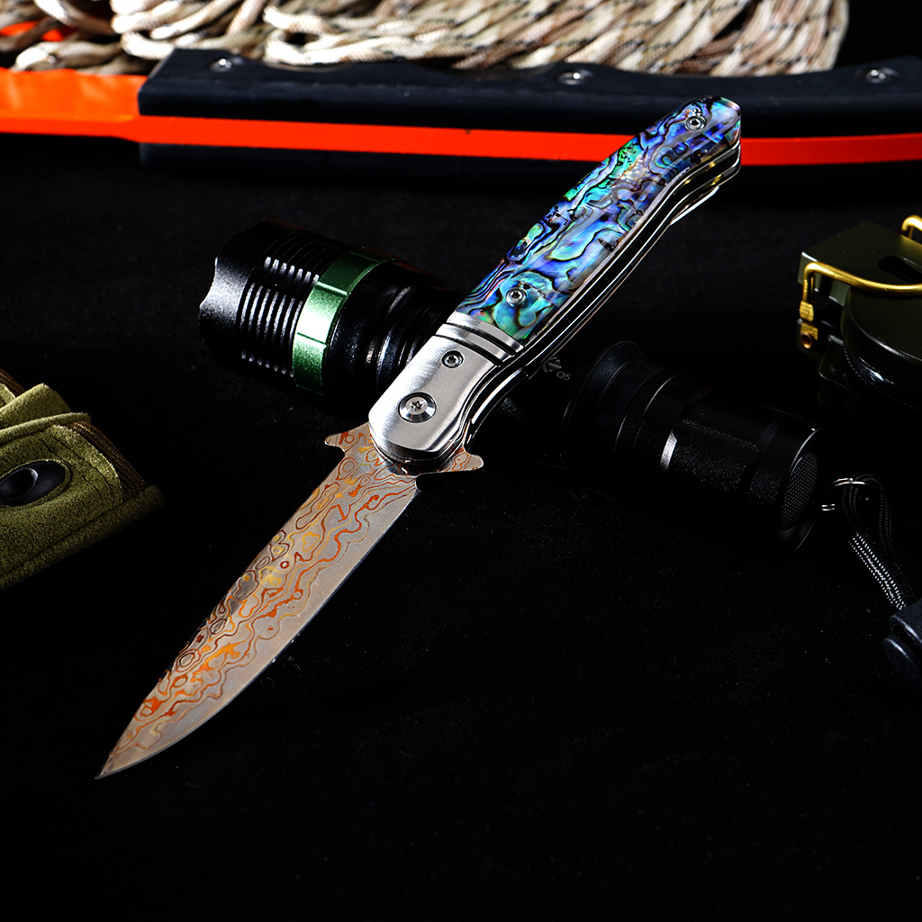 Tunafire GT0214 VG10 Core Copper Damascus Folding Knife | 59-60HRC Ball Bearing Pocket Knife Fine Brass Head + 3A Premium Shell Handle EDC Pocket Knife