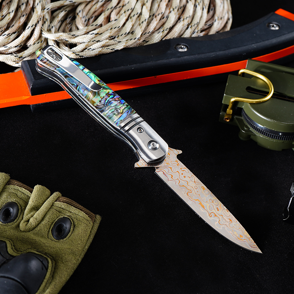 Tunafire GT0214 VG10 Core Copper Damascus Folding Knife | 59-60HRC Ball Bearing Pocket Knife Fine Brass Head + 3A Premium Shell Handle EDC Pocket Knife