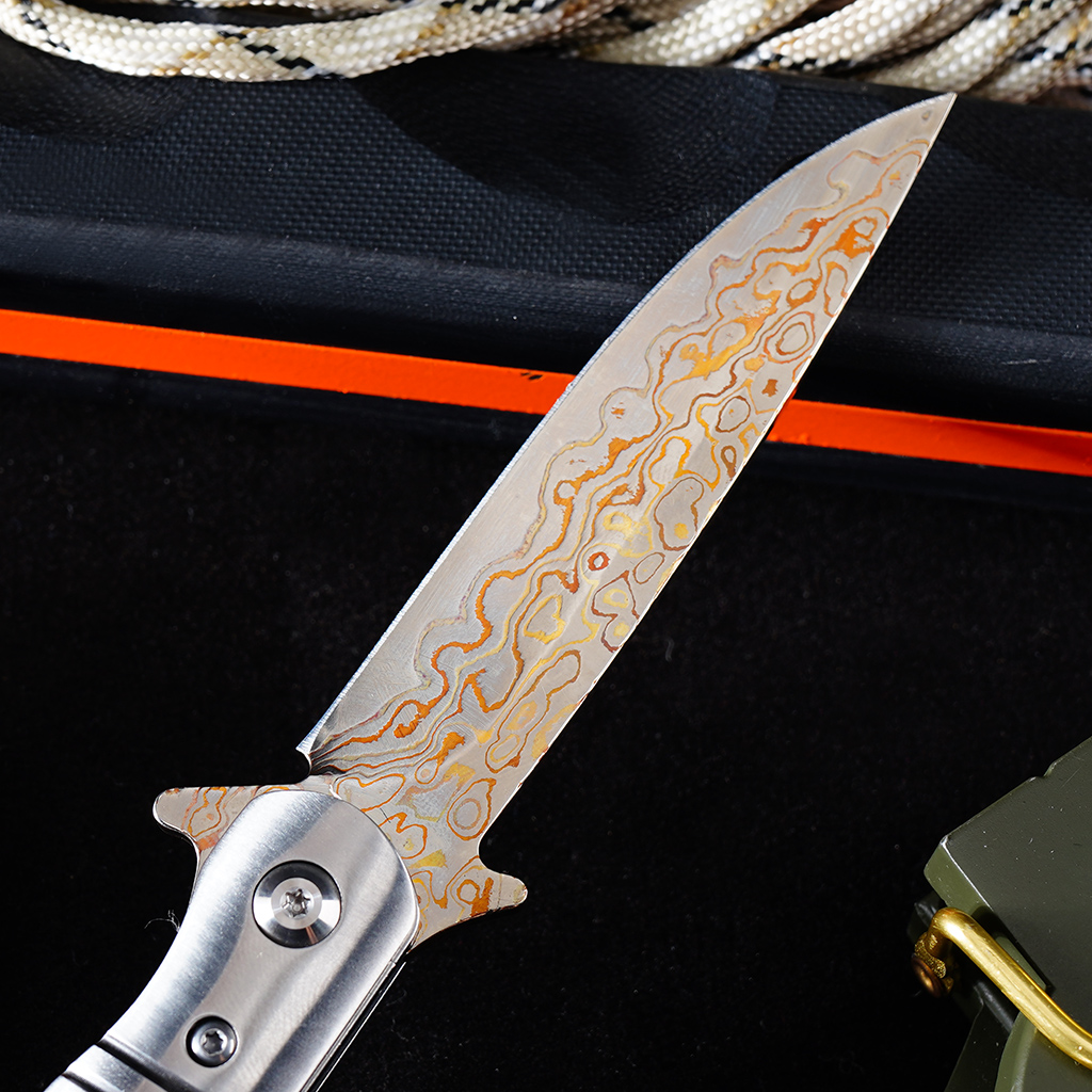 Tunafire GT0214 VG10 Core Copper Damascus Folding Knife | 59-60HRC Ball Bearing Pocket Knife Fine Brass Head + 3A Premium Shell Handle EDC Pocket Knife