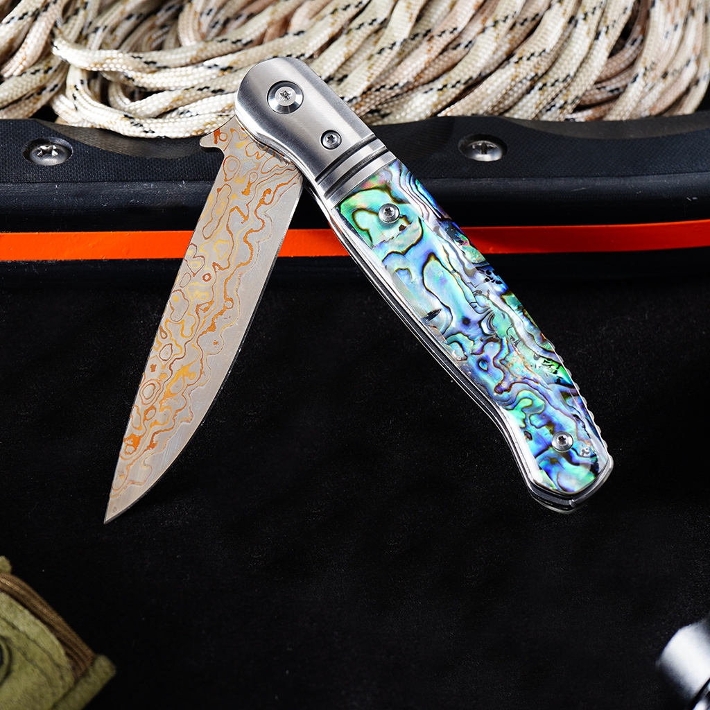 Tunafire GT0214 VG10 Core Copper Damascus Folding Knife | 59-60HRC Ball Bearing Pocket Knife Fine Brass Head + 3A Premium Shell Handle EDC Pocket Knife