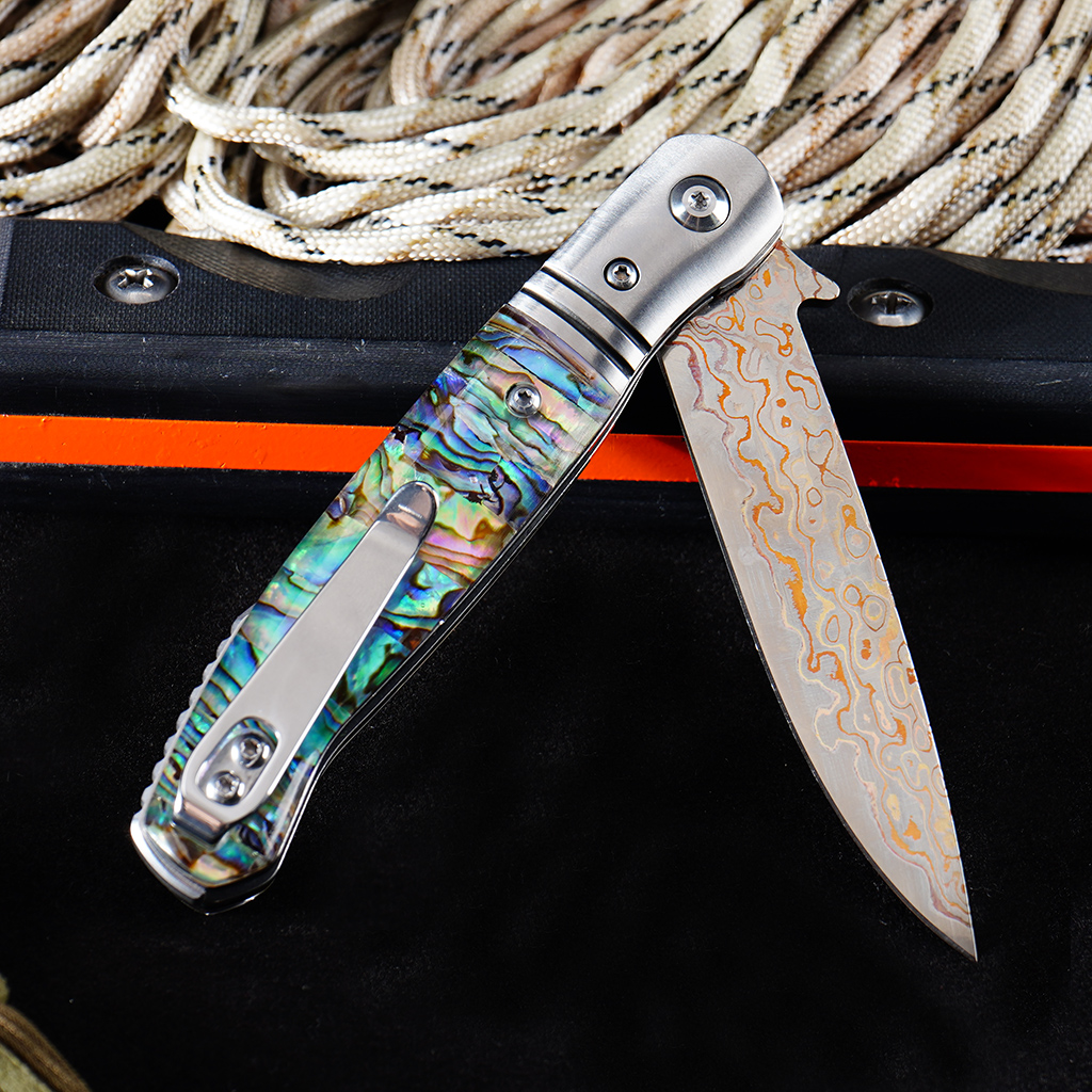 Tunafire GT0214 VG10 Core Copper Damascus Folding Knife | 59-60HRC Ball Bearing Pocket Knife Fine Brass Head + 3A Premium Shell Handle EDC Pocket Knife