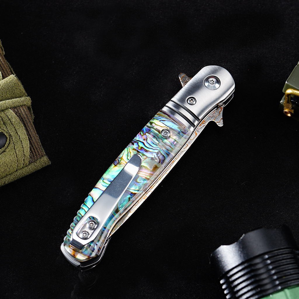 Tunafire GT0214 VG10 Core Copper Damascus Folding Knife | 59-60HRC Ball Bearing Pocket Knife Fine Brass Head + 3A Premium Shell Handle EDC Pocket Knife