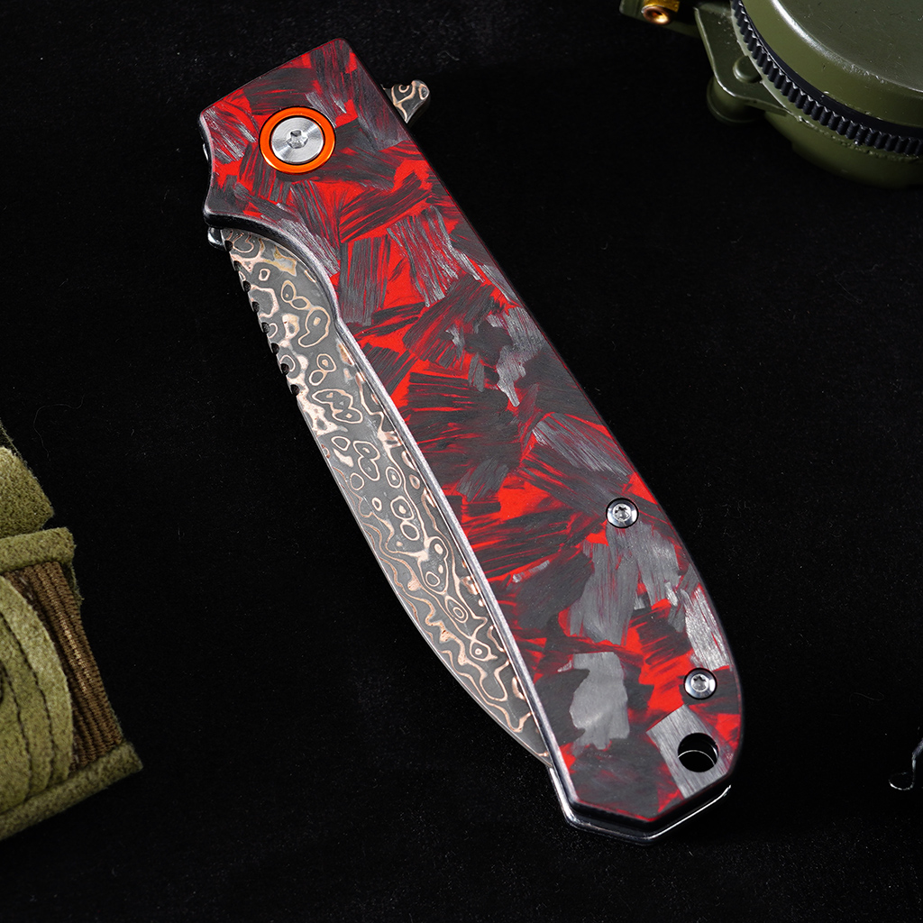 Tunafire Knife GT-DM044-2 VG10 Core Copper Damascus Folding Knife Red Carbon Fiber Handle 58-59HRC Ball Bearing EDC Pocket Knife