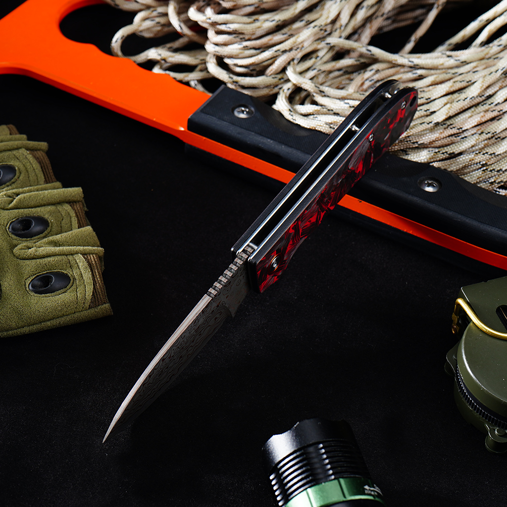 Tunafire Knife GT-DM044-2 VG10 Core Copper Damascus Folding Knife Red Carbon Fiber Handle 58-59HRC Ball Bearing EDC Pocket Knife