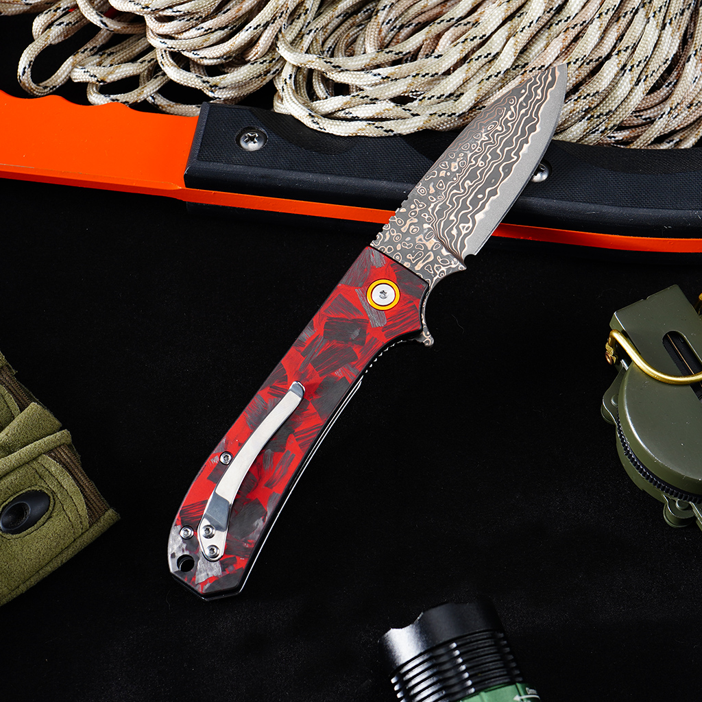 Tunafire Knife GT-DM044-2 VG10 Core Copper Damascus Folding Knife Red Carbon Fiber Handle 58-59HRC Ball Bearing EDC Pocket Knife