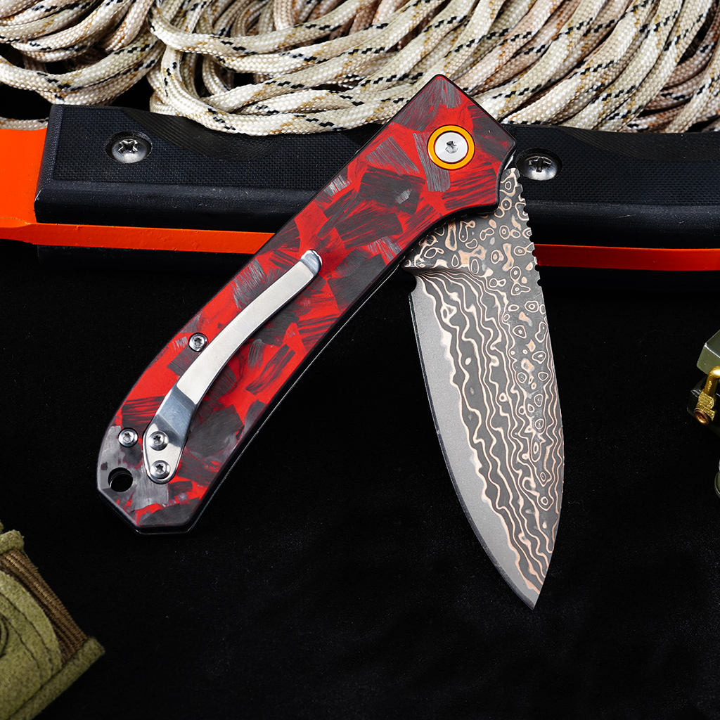 Tunafire Knife GT-DM044-2 VG10 Core Copper Damascus Folding Knife Red Carbon Fiber Handle 58-59HRC Ball Bearing EDC Pocket Knife