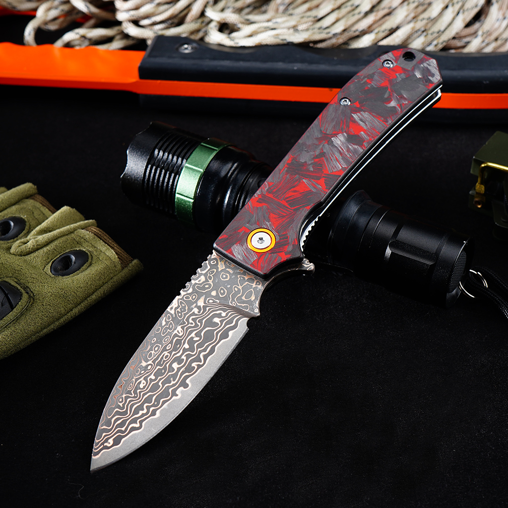 Tunafire Knife GT-DM044-2 VG10 Core Copper Damascus Folding Knife Red Carbon Fiber Handle 58-59HRC Ball Bearing EDC Pocket Knife