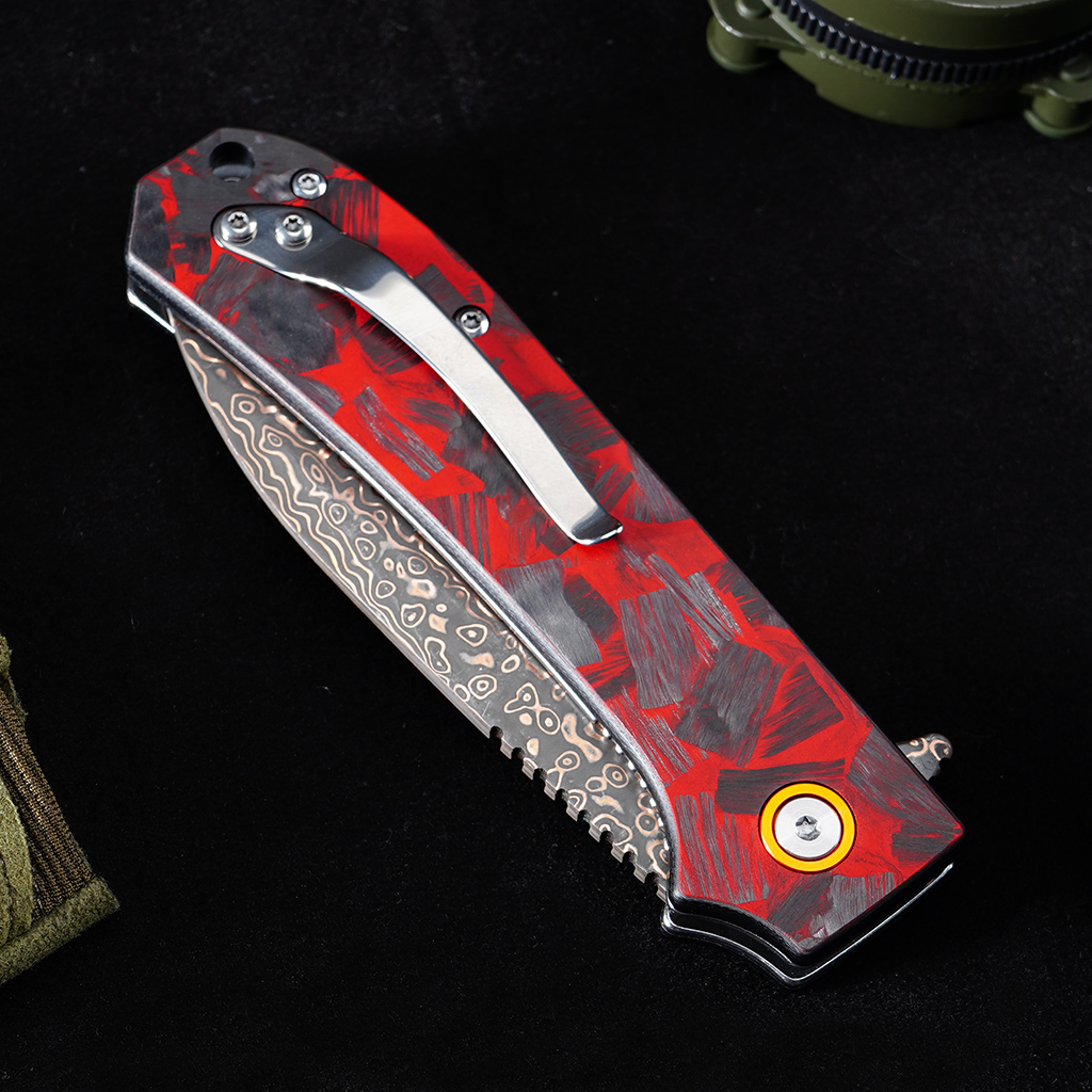 Tunafire Knife GT-DM044-2 VG10 Core Copper Damascus Folding Knife Red Carbon Fiber Handle 58-59HRC Ball Bearing EDC Pocket Knife