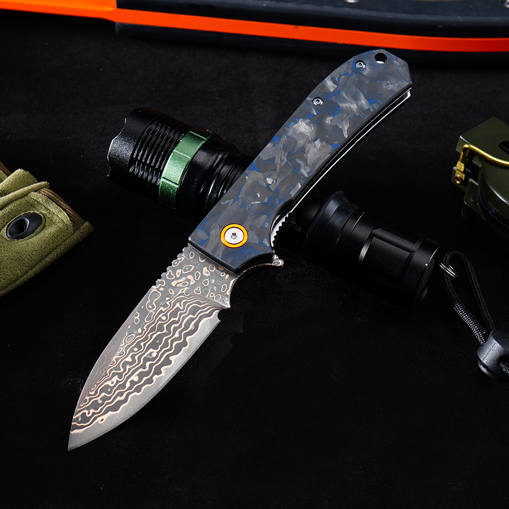 Tunafire Knife Pocket Folding Knife GT-DM044-2 | Copper Damascus Blade with VG10 Core | Blue Carbon Fiber Grip Ball Bearing EDC Outdoor Cutting Tool