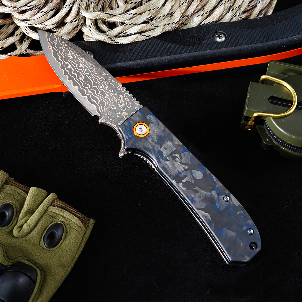 Tunafire Knife Pocket Folding Knife GT-DM044-2 | Copper Damascus Blade with VG10 Core | Blue Carbon Fiber Grip Ball Bearing EDC Outdoor Cutting Tool