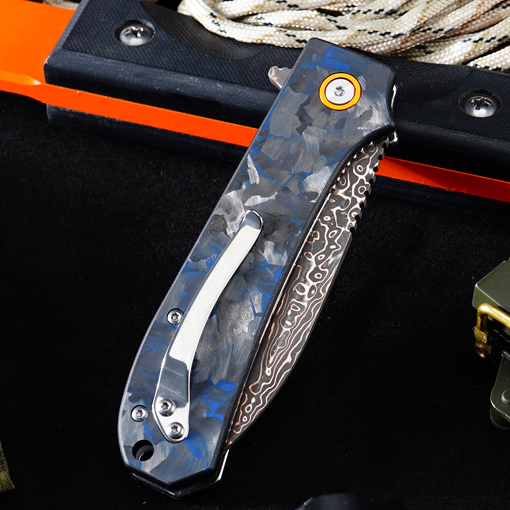 Tunafire Knife Pocket Folding Knife GT-DM044-2 | Copper Damascus Blade with VG10 Core | Blue Carbon Fiber Grip Ball Bearing EDC Outdoor Cutting Tool