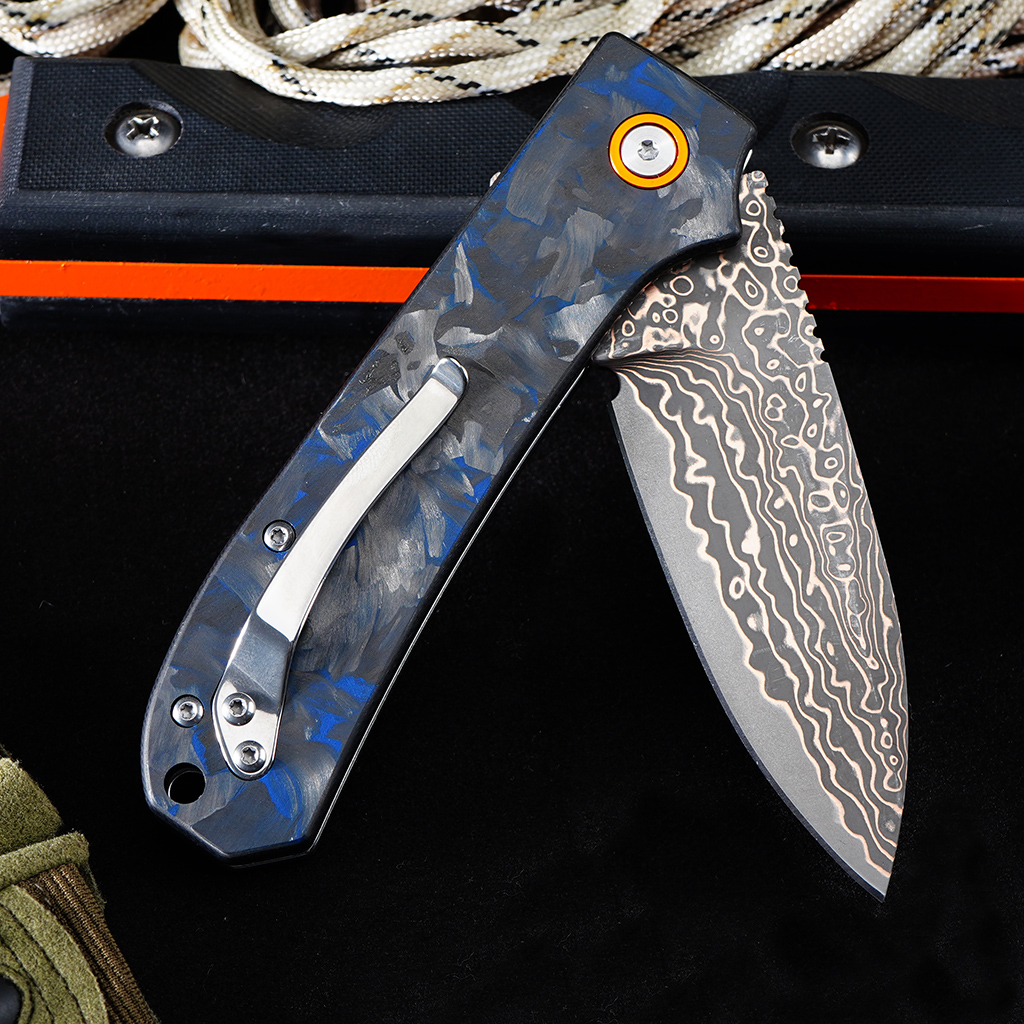 Tunafire Knife Pocket Folding Knife GT-DM044-2 | Copper Damascus Blade with VG10 Core | Blue Carbon Fiber Grip Ball Bearing EDC Outdoor Cutting Tool