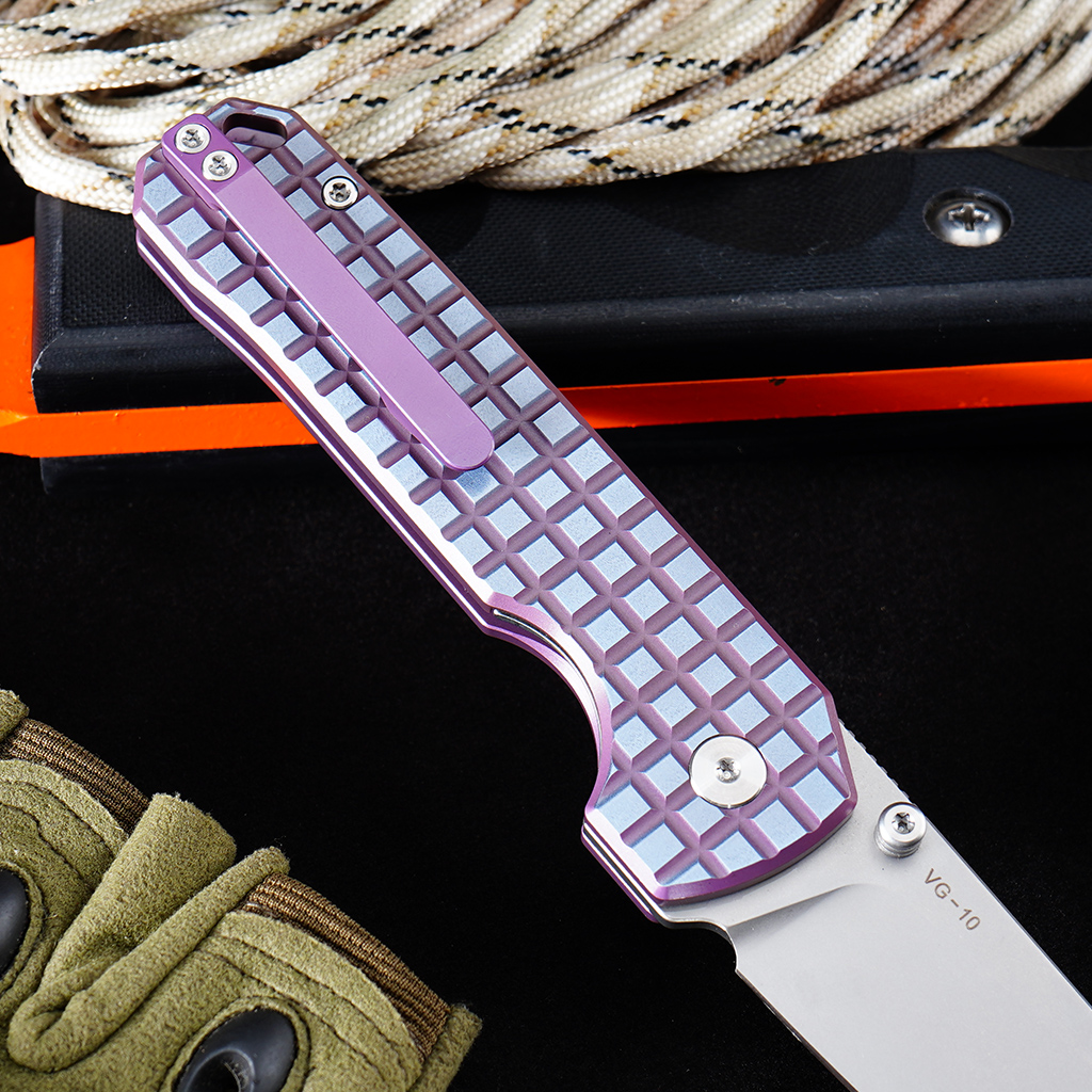 Tunafire knife GT-T0070-6 Tactical Pocket Knife Stone Wash VG10 Blade Purple Titanium Alloy Handle Portable Everyday Carry Utility Knife