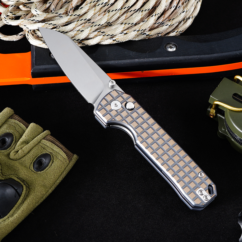 Tunafire knife GT-T0070-6 | 2.95"Stone Wash VG10 Blade | Khaki Titanium Alloy Handle | Button Liner Lock | Tunafireknives
