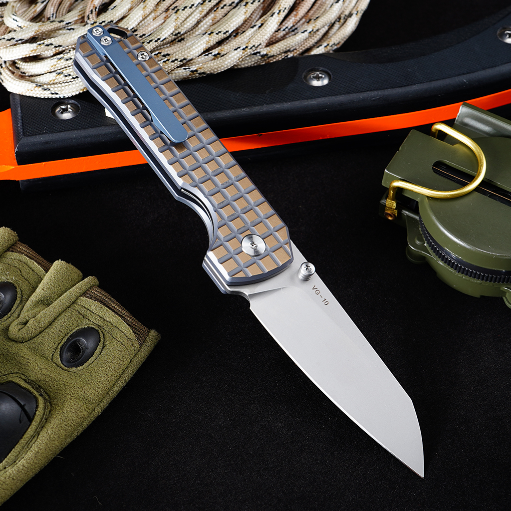 Tunafire knife GT-T0070-6 | 2.95"Stone Wash VG10 Blade | Khaki Titanium Alloy Handle | Button Liner Lock | Tunafireknives