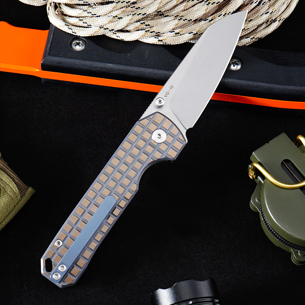 Tunafire knife GT-T0070-6 | 2.95"Stone Wash VG10 Blade | Khaki Titanium Alloy Handle | Button Liner Lock | Tunafireknives