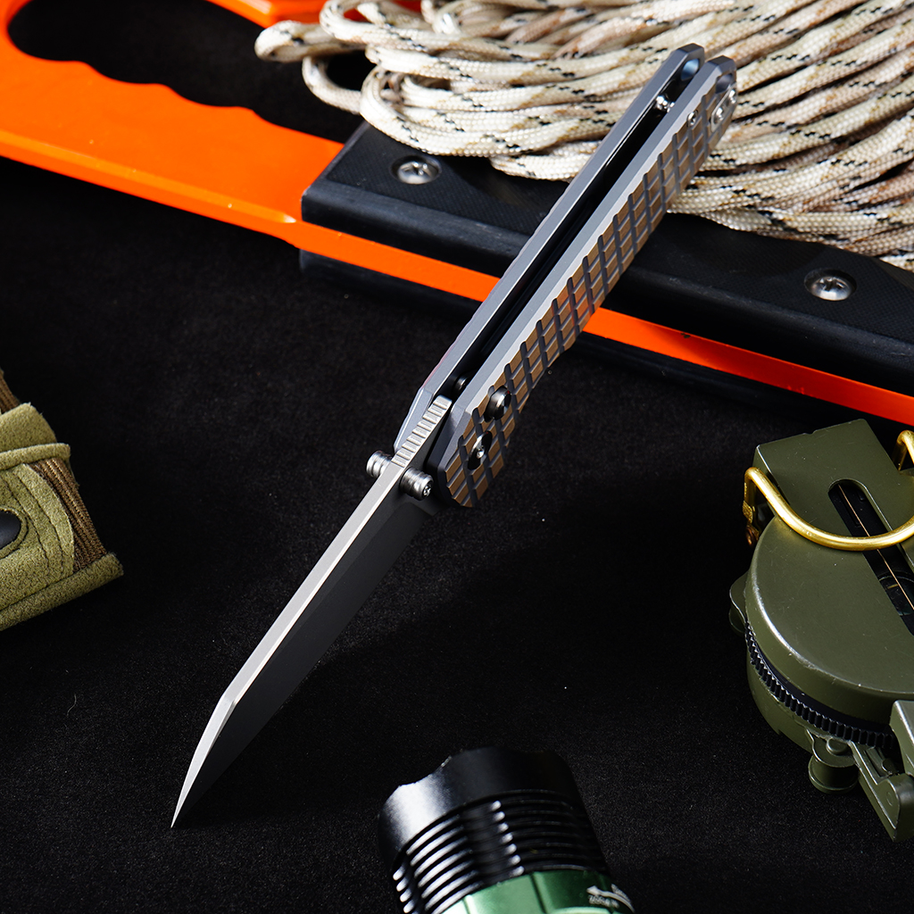 Tunafire knife GT-T0070-6 | 2.95"Stone Wash VG10 Blade | Khaki Titanium Alloy Handle | Button Liner Lock | Tunafireknives