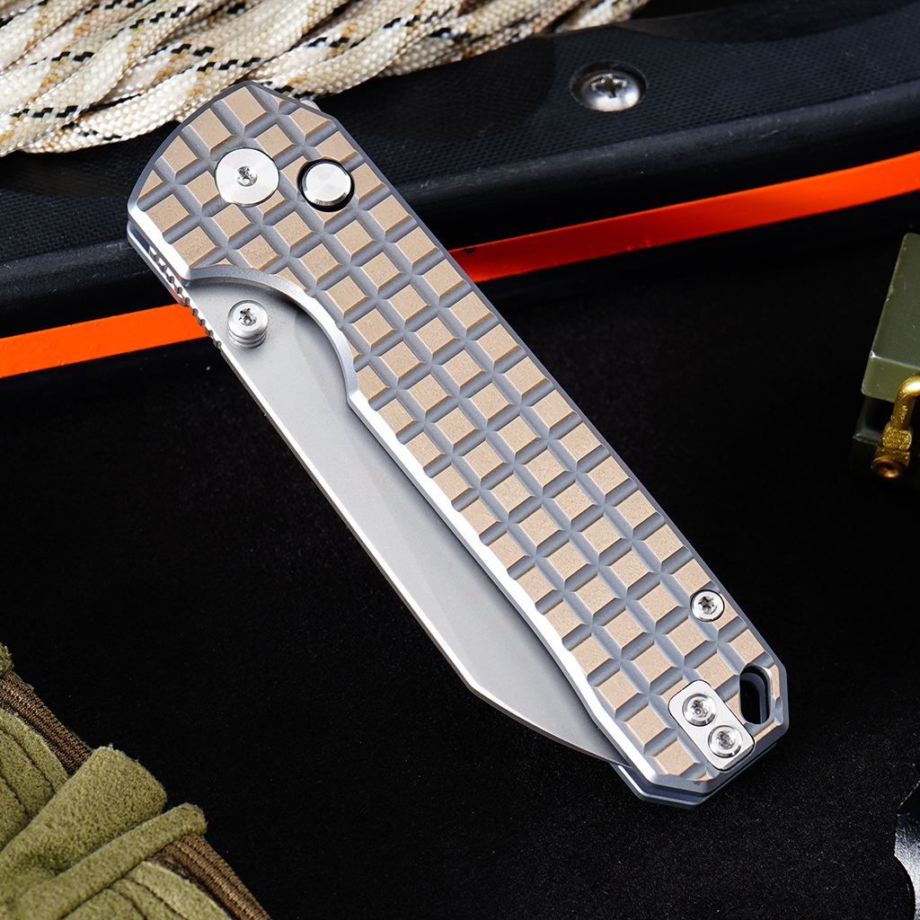 Tunafire knife GT-T0070-6 | 2.95"Stone Wash VG10 Blade | Khaki Titanium Alloy Handle | Button Liner Lock | Tunafireknives