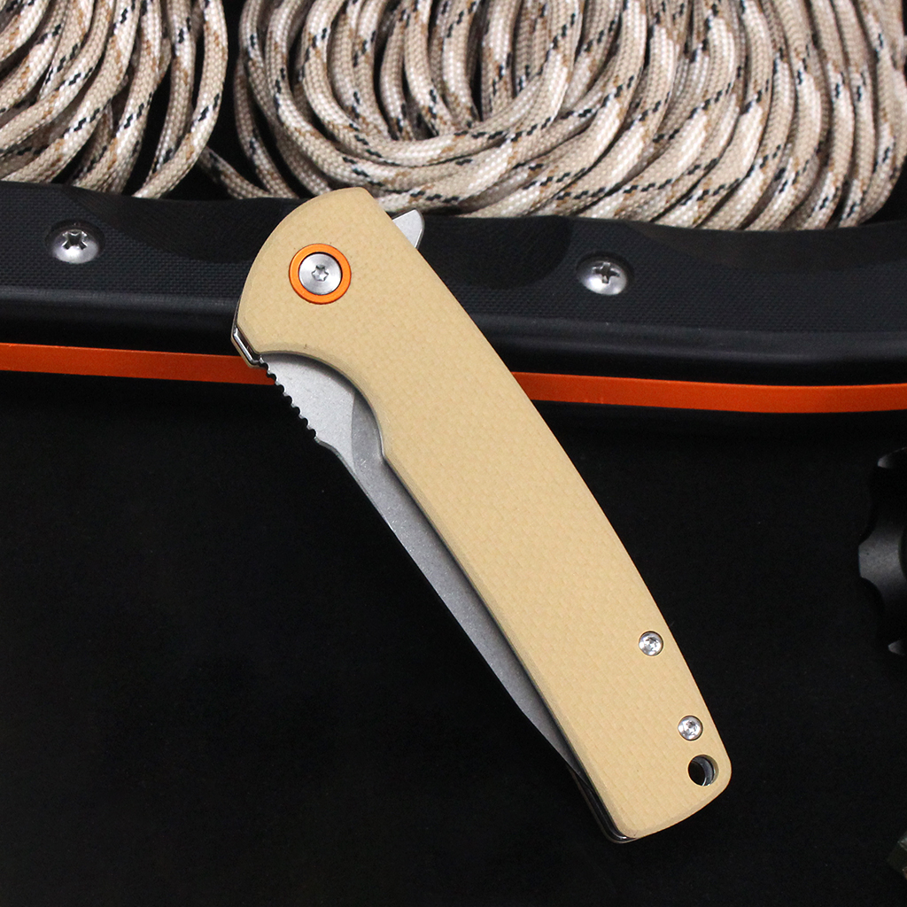 Tunafire Knife GT-T0067 D2 Steel Stone washing Blade Flipper Knife Khaki G10 Handle Ball Bearing EDC Pocket Knife