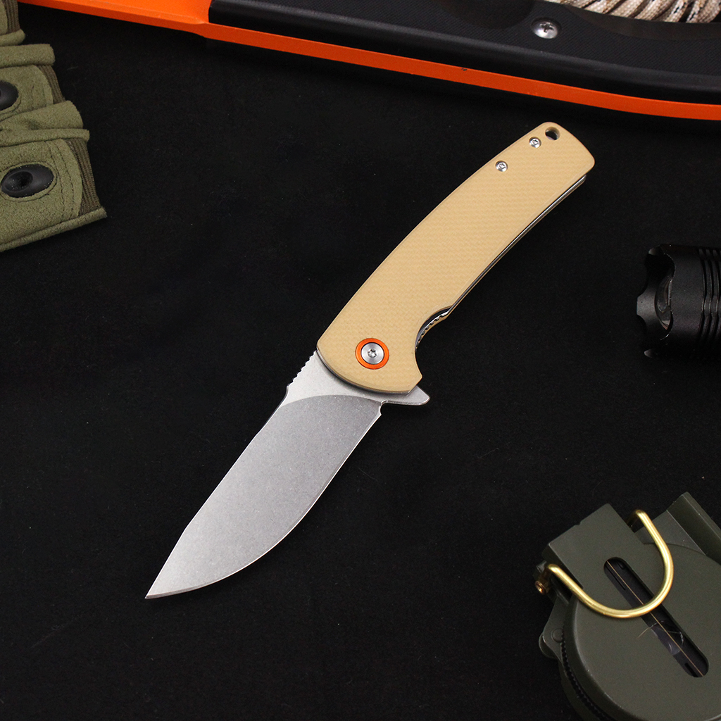 Tunafire Knife GT-T0067 D2 Steel Stone washing Blade Flipper Knife Khaki G10 Handle Ball Bearing EDC Pocket Knife