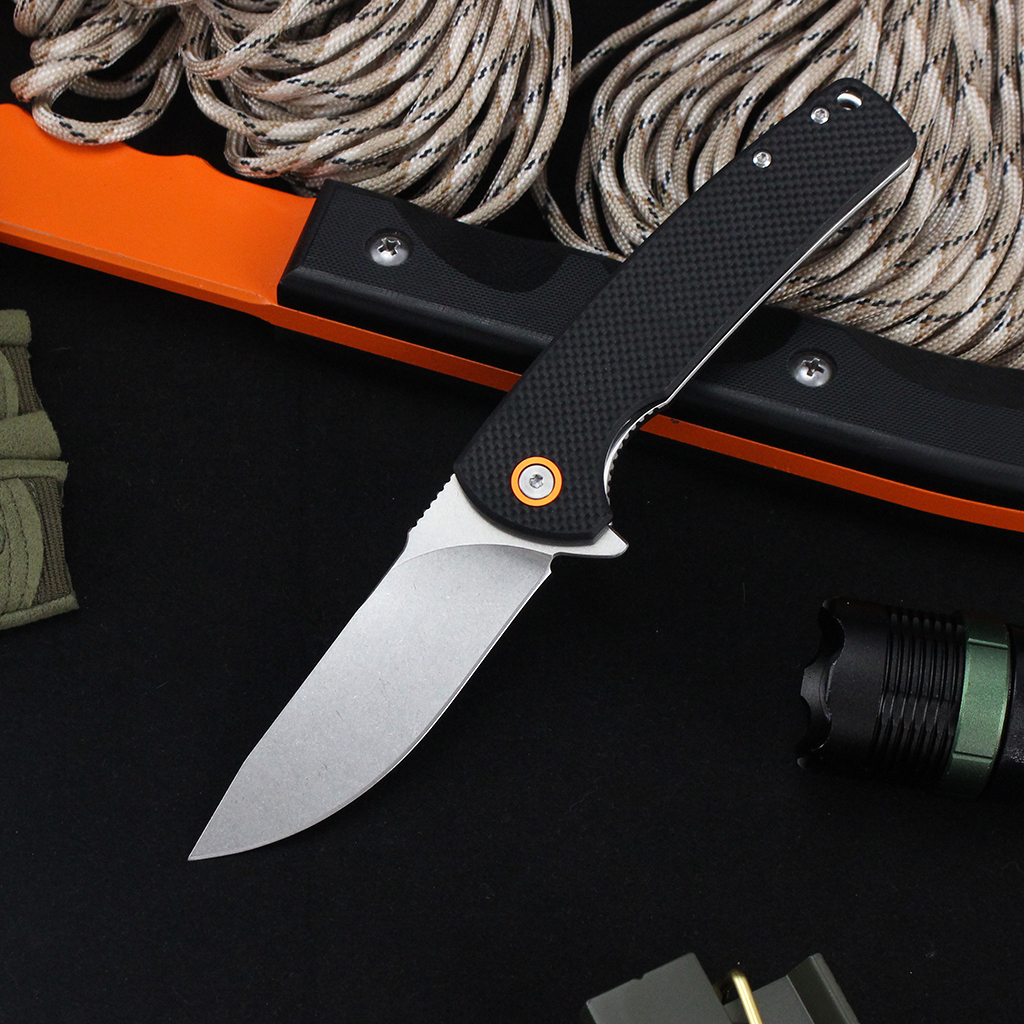 Tunafire Knife GT-T0067 Flipper Folding Knife D2 Steel Stone washing Blade Black G10 Handle Camping Survival EDC Pocket Knife