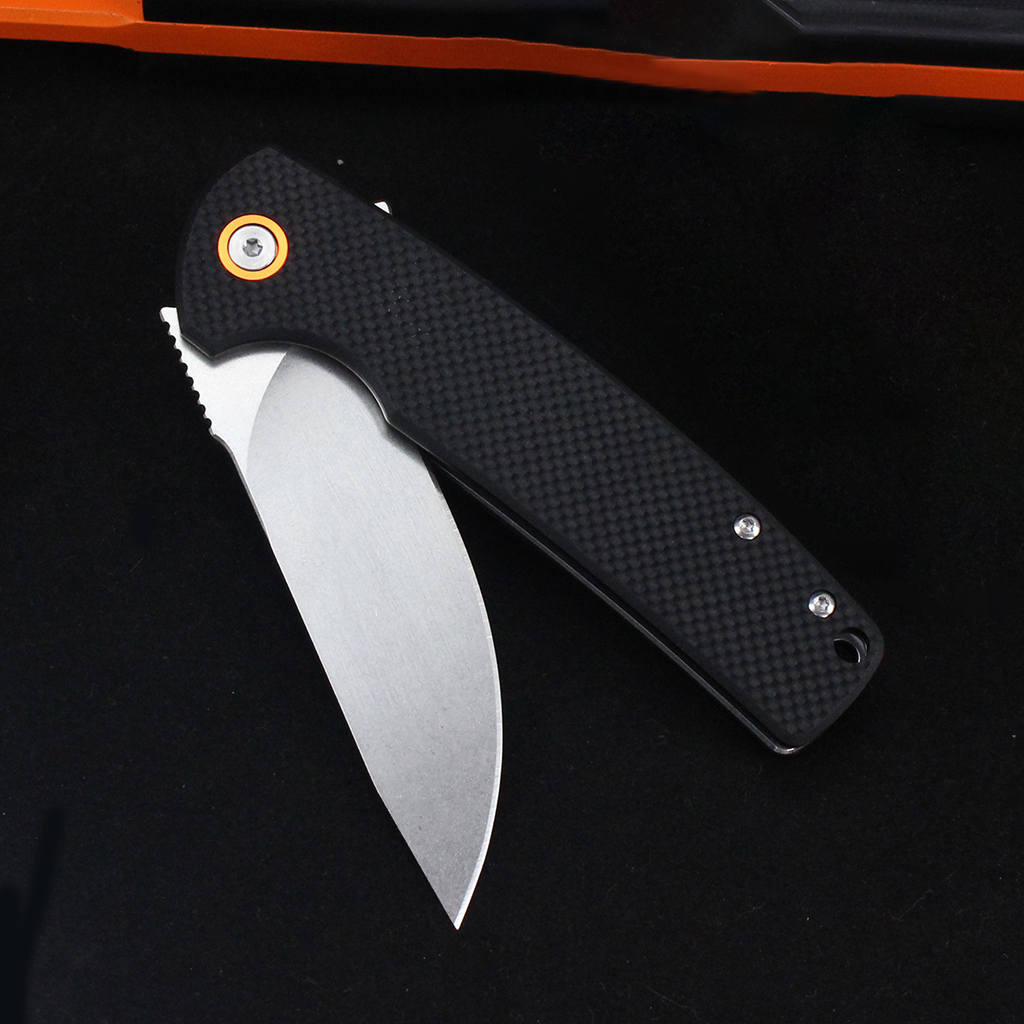 Tunafire Knife GT-T0067 Flipper Folding Knife D2 Steel Stone washing Blade Black G10 Handle Camping Survival EDC Pocket Knife