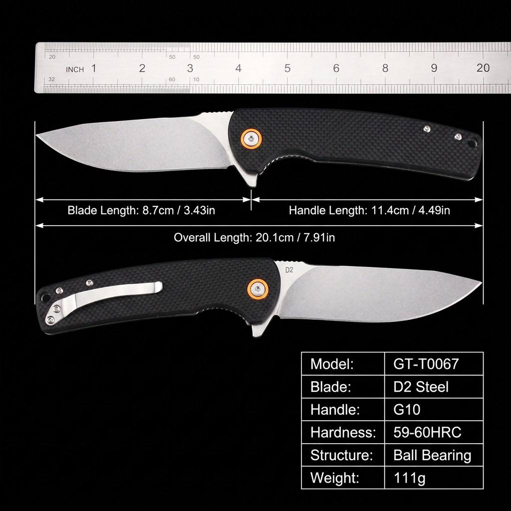 Tunafire Knife GT-T0067 Flipper Folding Knife D2 Steel Stone washing Blade Black G10 Handle Camping Survival EDC Pocket Knife