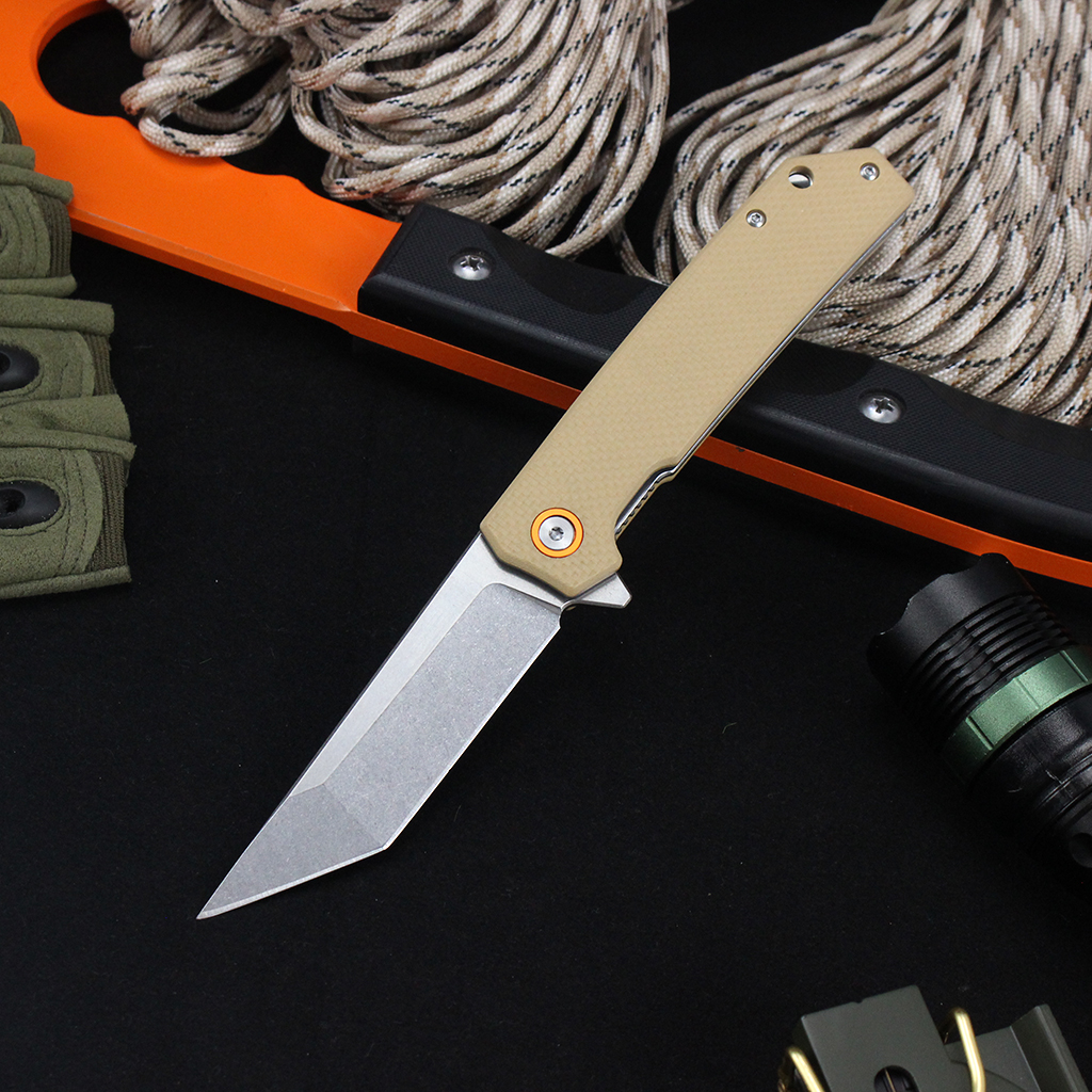 Tunafire Knife GT-T0066  Stonewashed D2 Blade Folding Knife Lightweight EDC Pocket Tool with G10 Handle