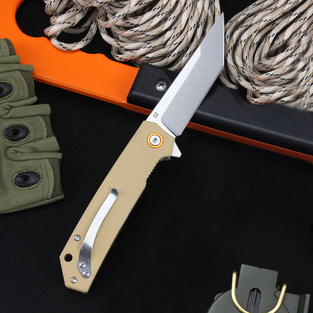Tunafire Knife GT-T0066  Stonewashed D2 Blade Folding Knife Lightweight EDC Pocket Tool with G10 Handle