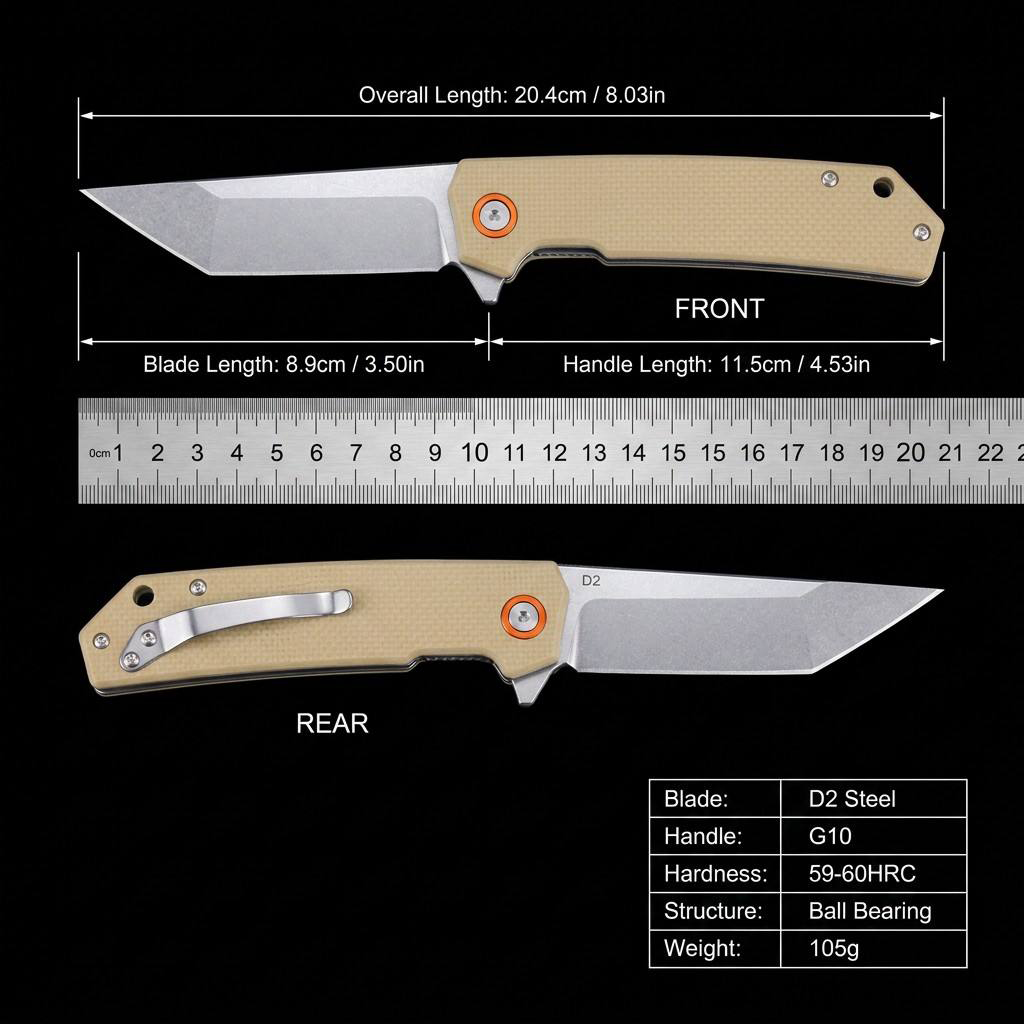 Tunafire Knife GT-T0066  Stonewashed D2 Blade Folding Knife Lightweight EDC Pocket Tool with G10 Handle