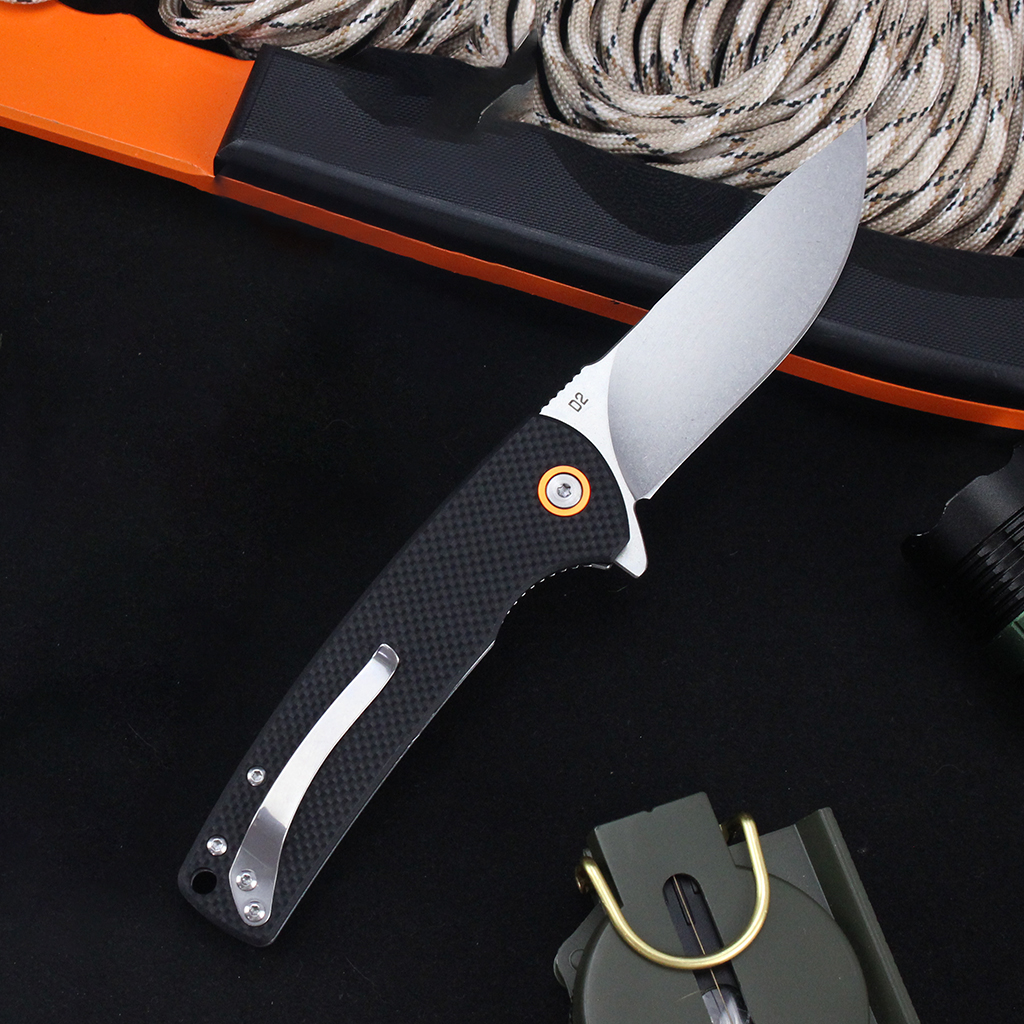 Tunafire Knife GT-T0067 Flipper Folding Knife D2 Steel Stone washing Blade Black G10 Handle Camping Survival EDC Pocket Knife