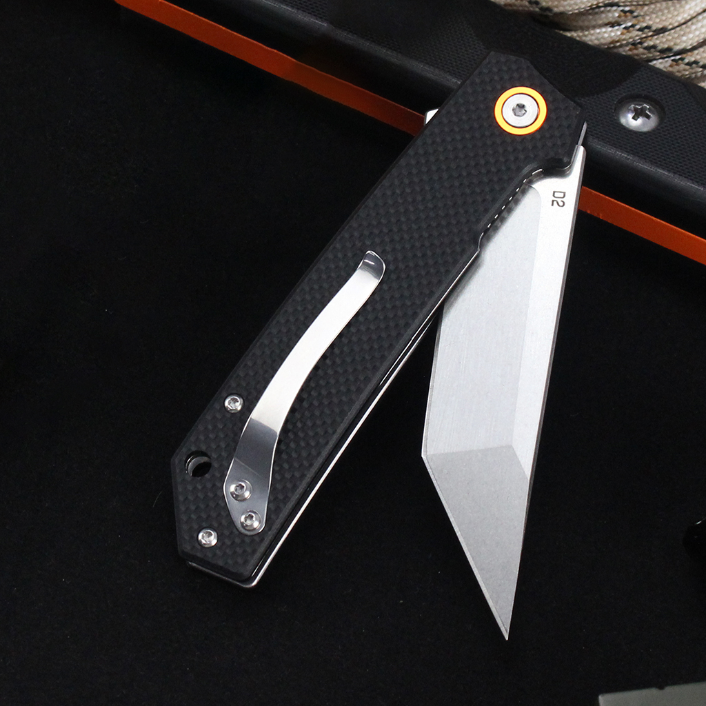 Tunafire Knife GT-T0066 Stone washing D2 Steel Folding Pocket Knife with Black G10 Handle Ball Bearing EDC Knife