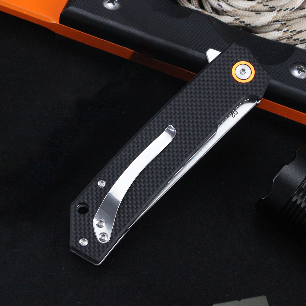 Tunafire Knife GT-T0066 Stone washing D2 Steel Folding Pocket Knife with Black G10 Handle Ball Bearing EDC Knife