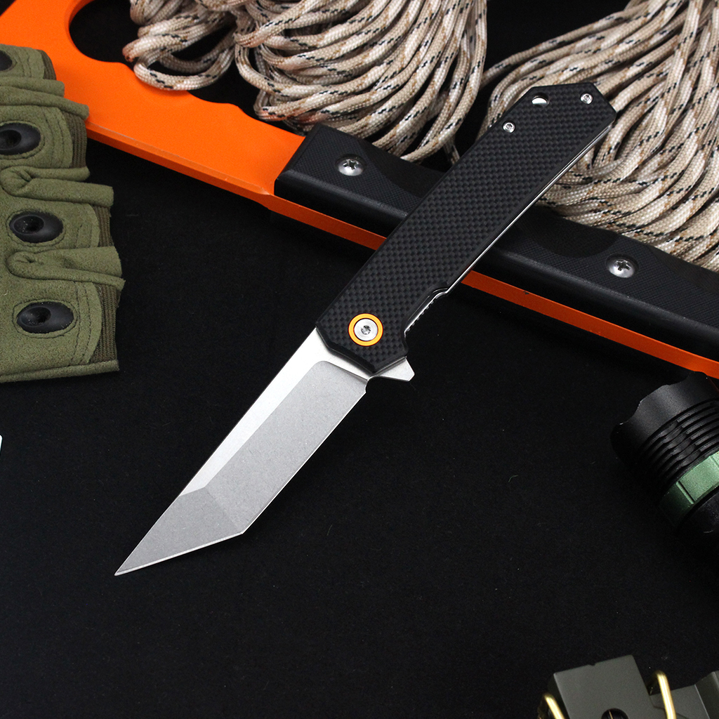 Tunafire Knife GT-T0066 Stone washing D2 Steel Folding Pocket Knife with Black G10 Handle Ball Bearing EDC Knife