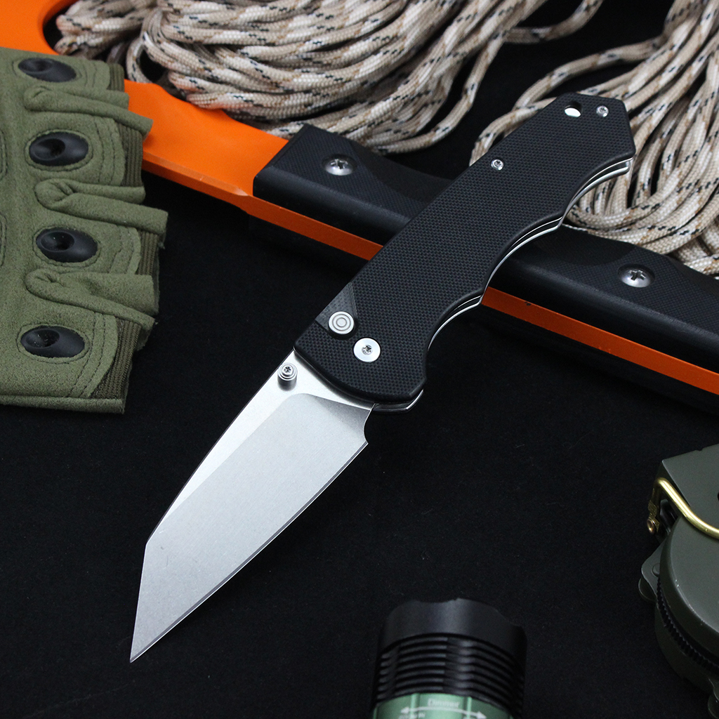 Tunafire Knife GT-T0065 Stonewashed D2 Steel Folding Pocket Knife, Button Lock G10 Handle 59-60HRC Lightweight EDC Outdoor Carry Utility Knife