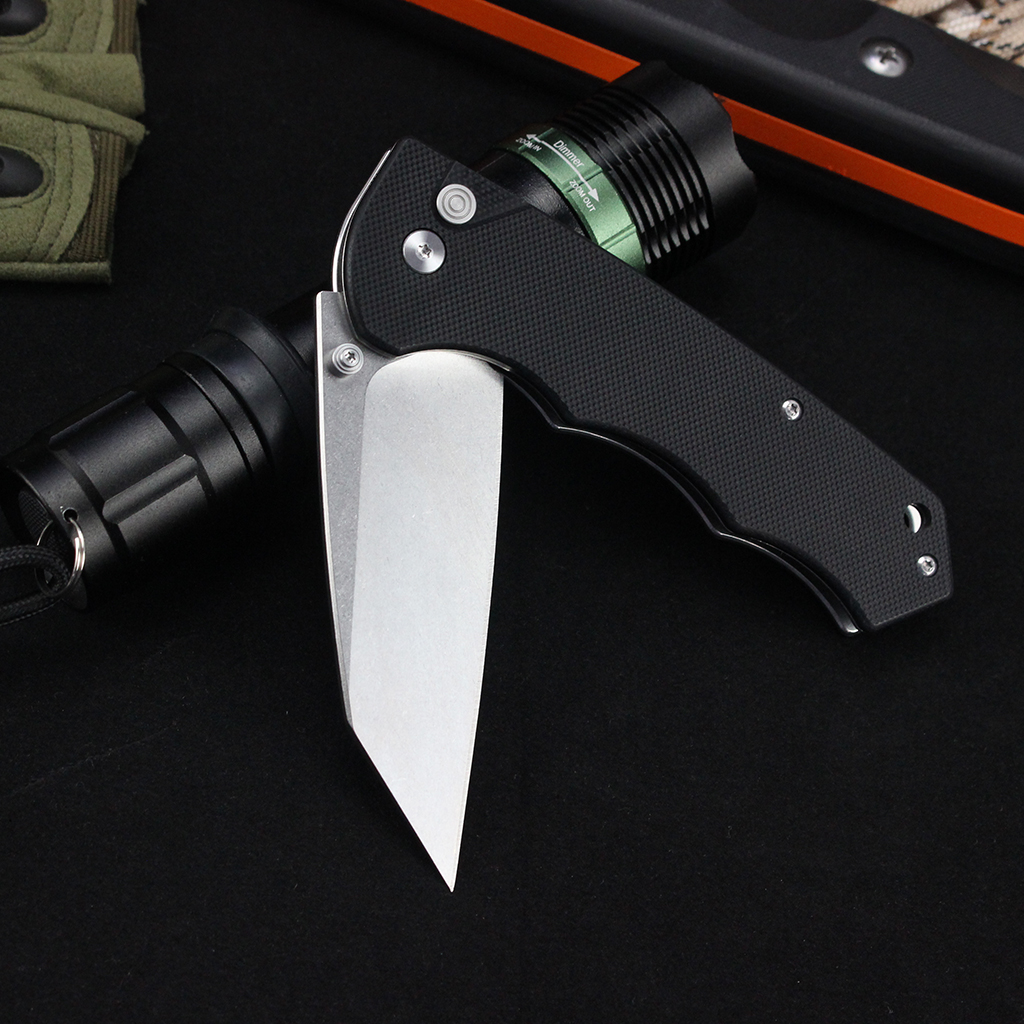 Tunafire Knife GT-T0065 Stonewashed D2 Steel Folding Pocket Knife, Button Lock G10 Handle 59-60HRC Lightweight EDC Outdoor Carry Utility Knife