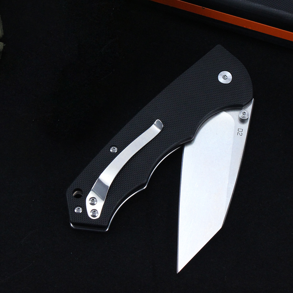 Tunafire Knife GT-T0065 Stonewashed D2 Steel Folding Pocket Knife, Button Lock G10 Handle 59-60HRC Lightweight EDC Outdoor Carry Utility Knife