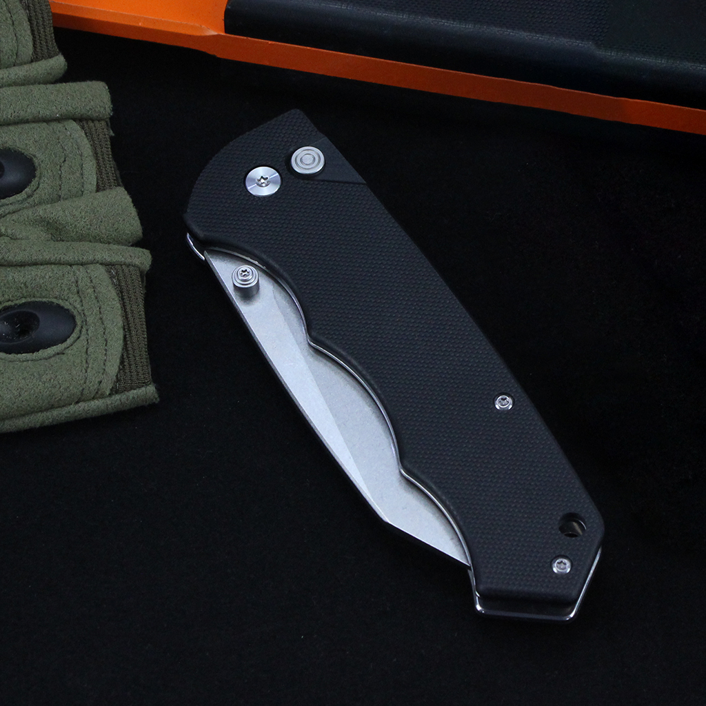 Tunafire Knife GT-T0065 Stonewashed D2 Steel Folding Pocket Knife, Button Lock G10 Handle 59-60HRC Lightweight EDC Outdoor Carry Utility Knife
