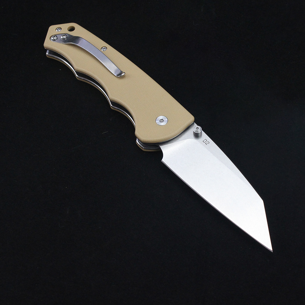 Tunafire Knife GT-T0065 D2 Steel Folding Pocket Knife, G10 Handle Button Lock Stone Wash EDC Tool For Camping Hiking