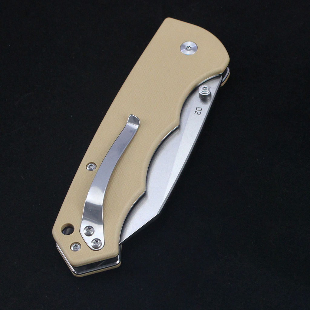 Tunafire Knife GT-T0065 D2 Steel Folding Pocket Knife, G10 Handle Button Lock Stone Wash EDC Tool For Camping Hiking