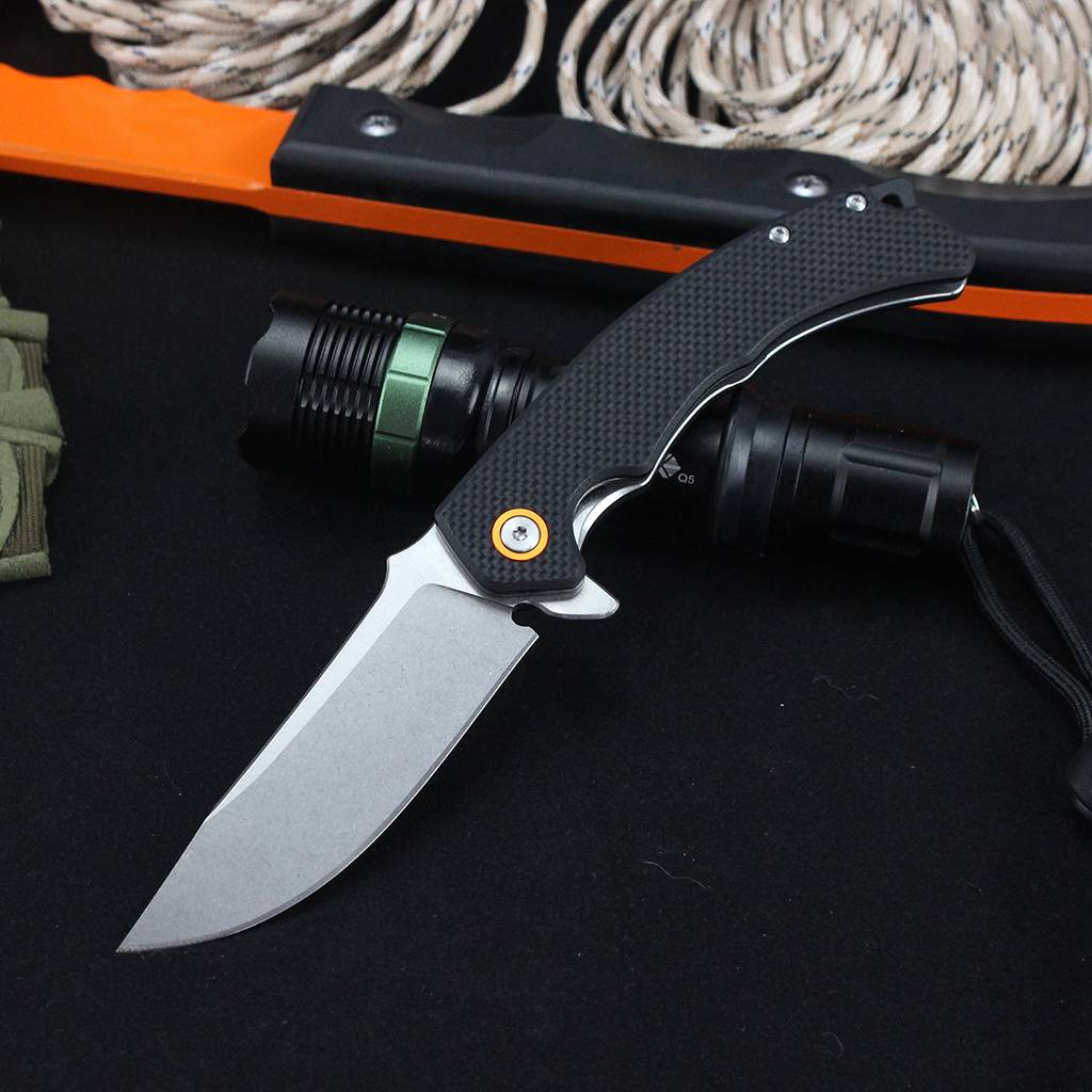 Tunafire Knife GT-T0064 D2 Steel EDC Folding Knife, Smooth Ball Bearing Stone Wash Blade G10 Handle Portable Outdoor Survival Knife