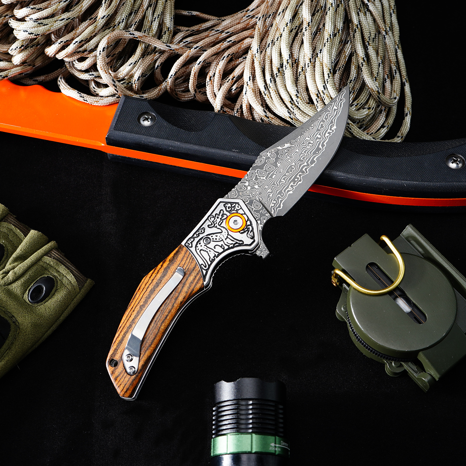 Tunafire GT-DM052 Damascus Steel Folding Knife, Zebra Wood Handle With Carved Steel Bolster Portable EDC Pocket Knife Outdoor Survival Tool