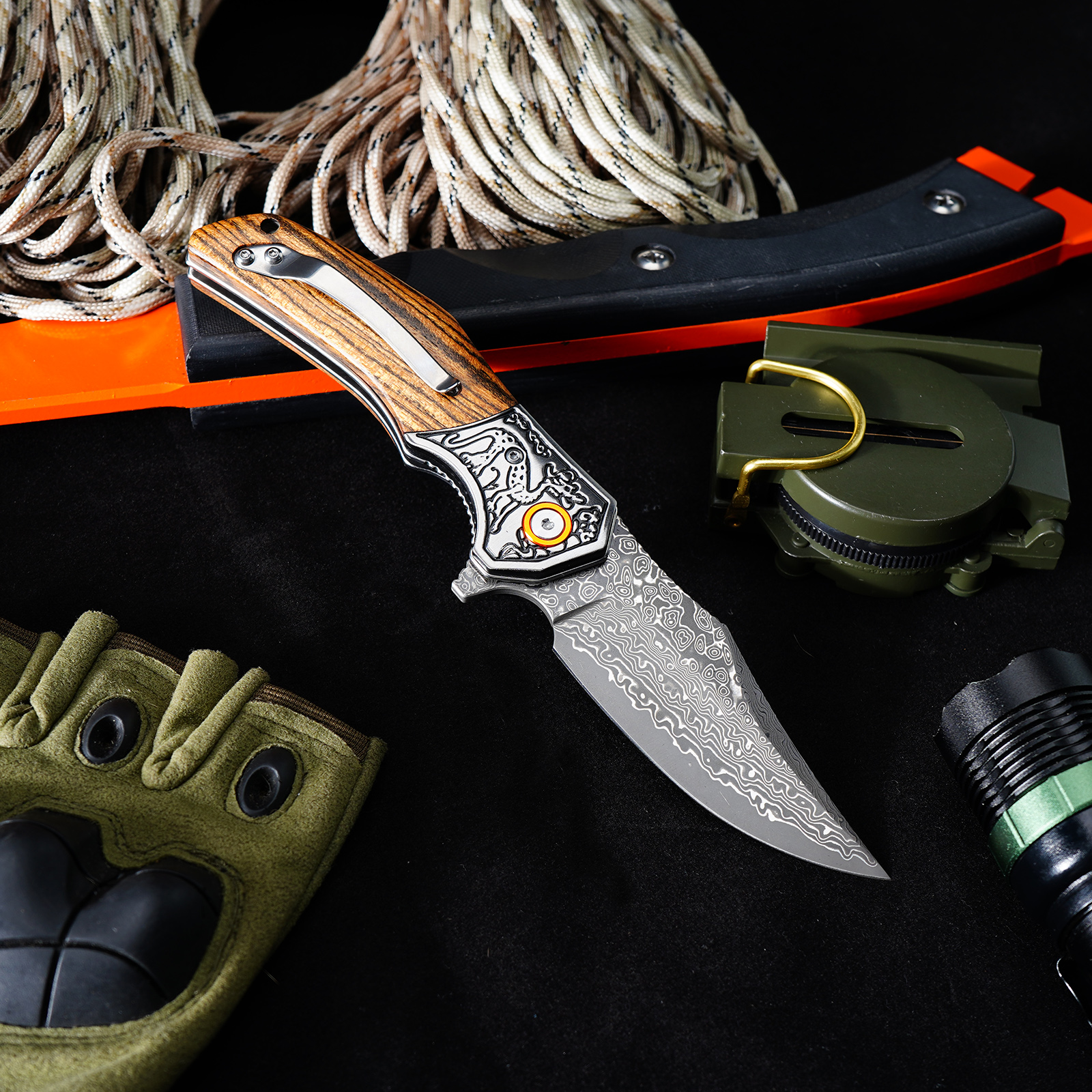 Tunafire GT-DM052 Damascus Steel Folding Knife, Zebra Wood Handle With Carved Steel Bolster Portable EDC Pocket Knife Outdoor Survival Tool