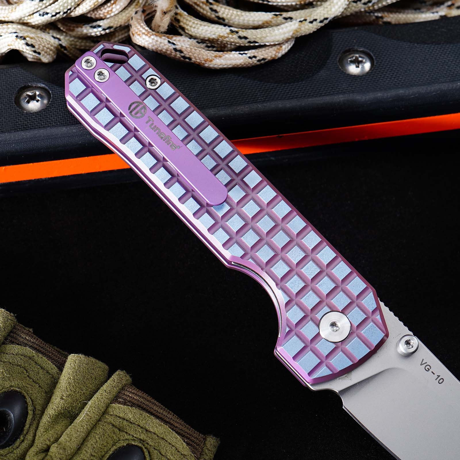 Tunafire knife GT-T0070-6 Tactical Pocket Knife Stone Wash VG10 Blade Purple Titanium Alloy Handle Portable Everyday Carry Utility Knife