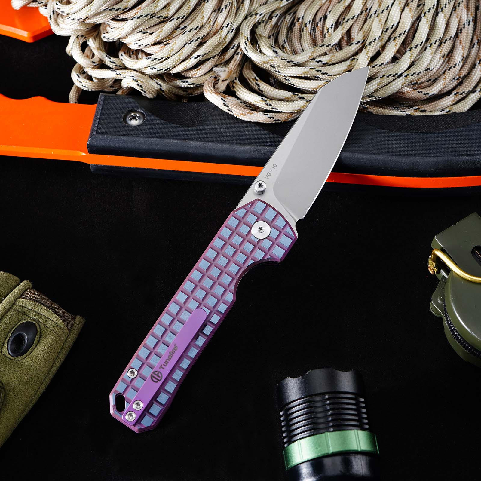 Tunafire knife GT-T0070-6 Tactical Pocket Knife Stone Wash VG10 Blade Purple Titanium Alloy Handle Portable Everyday Carry Utility Knife