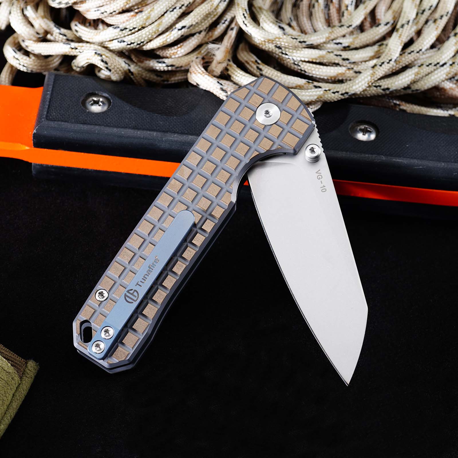 Tunafire knife GT-T0070-6  | 2.95"Stone Wash VG10 Blade  | Khaki Titanium Alloy Handle  | Button Liner Lock | Tunafireknives