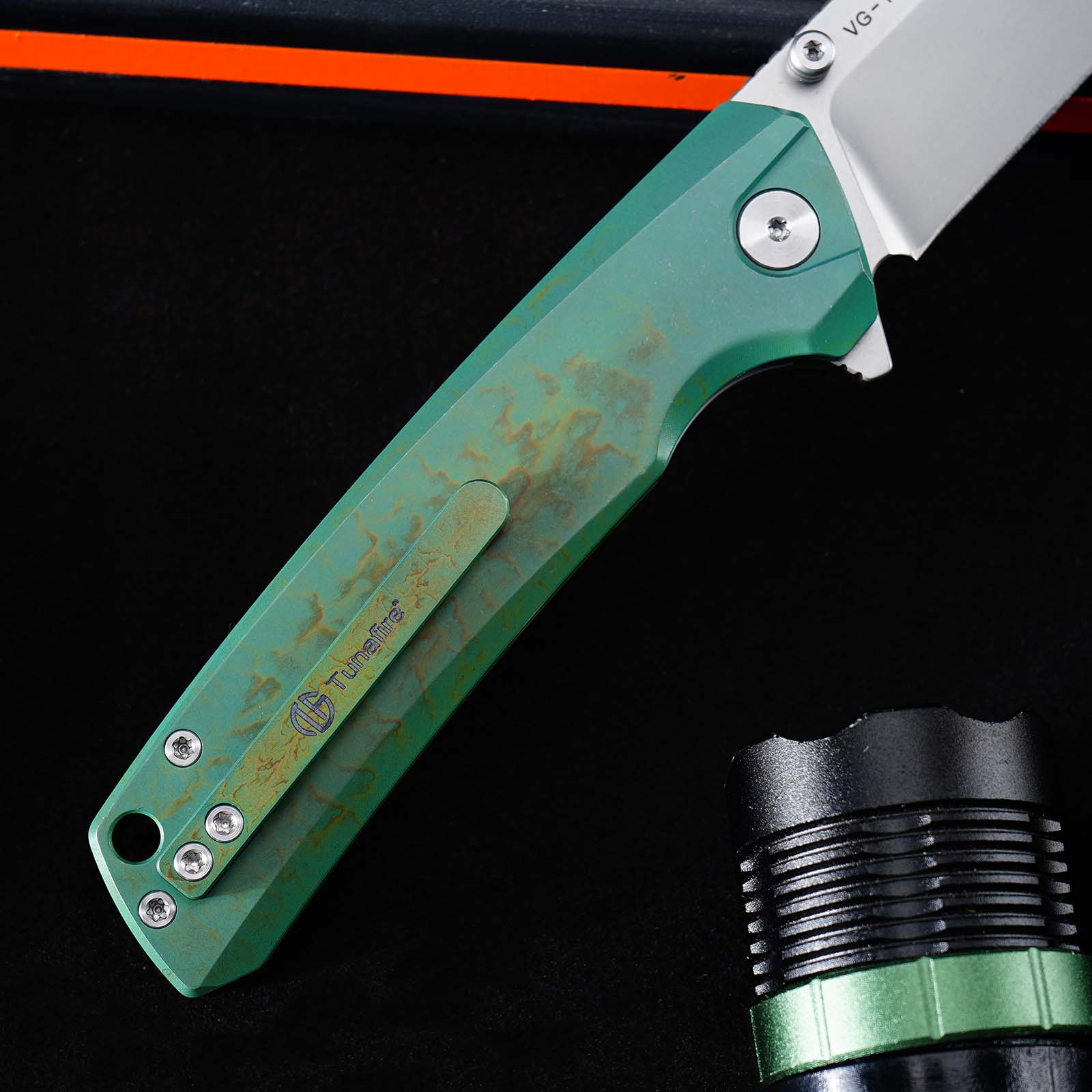 Tunafire GT-T0077 EDC Folding Knife 3.43"VG10 Blade Green Titanium Handle With Stone Wash And Color Anodizing Ceramic Ball Bearing Pocket Knife