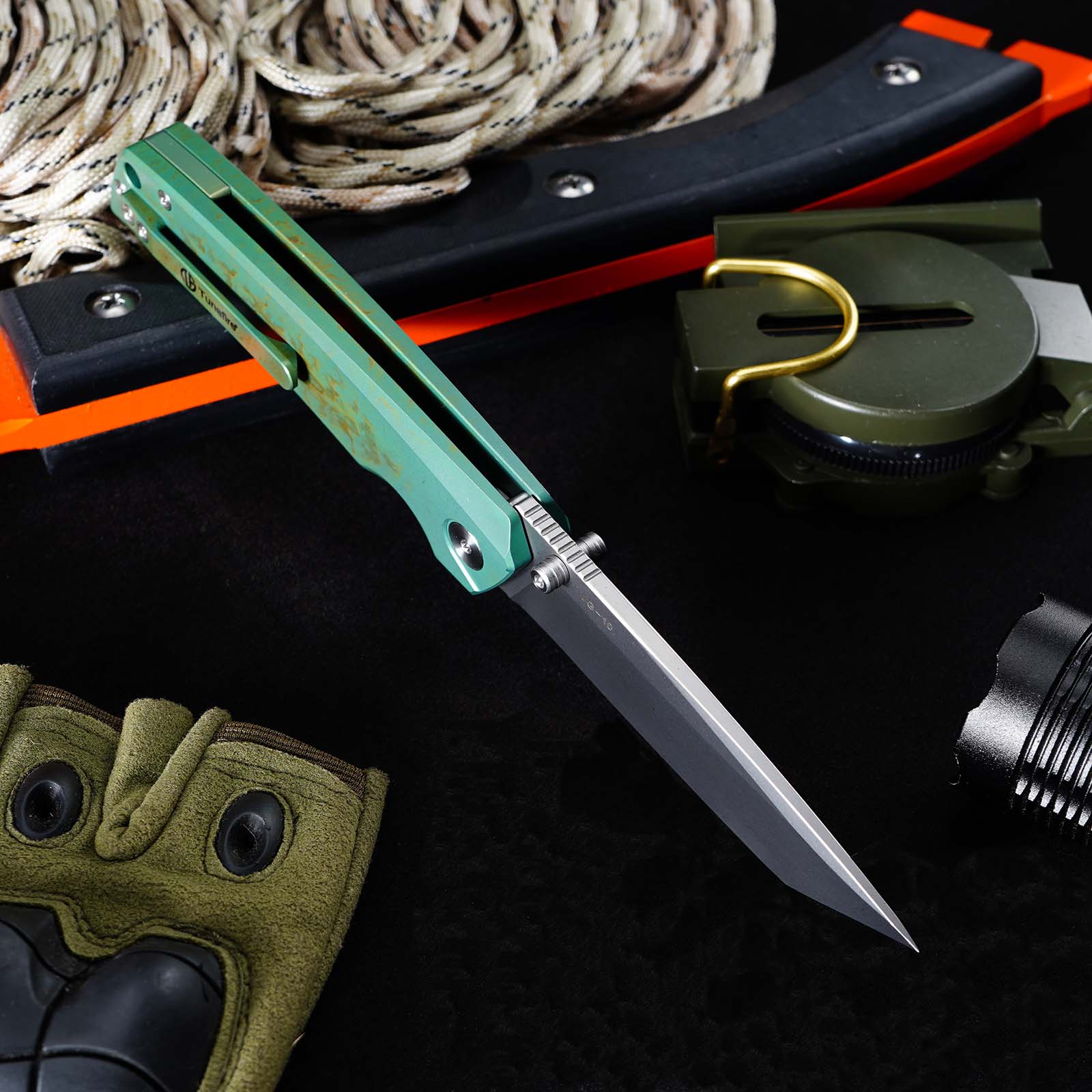 Tunafire GT-T0077 EDC Folding Knife 3.43"VG10 Blade Green Titanium Handle With Stone Wash And Color Anodizing Ceramic Ball Bearing Pocket Knife