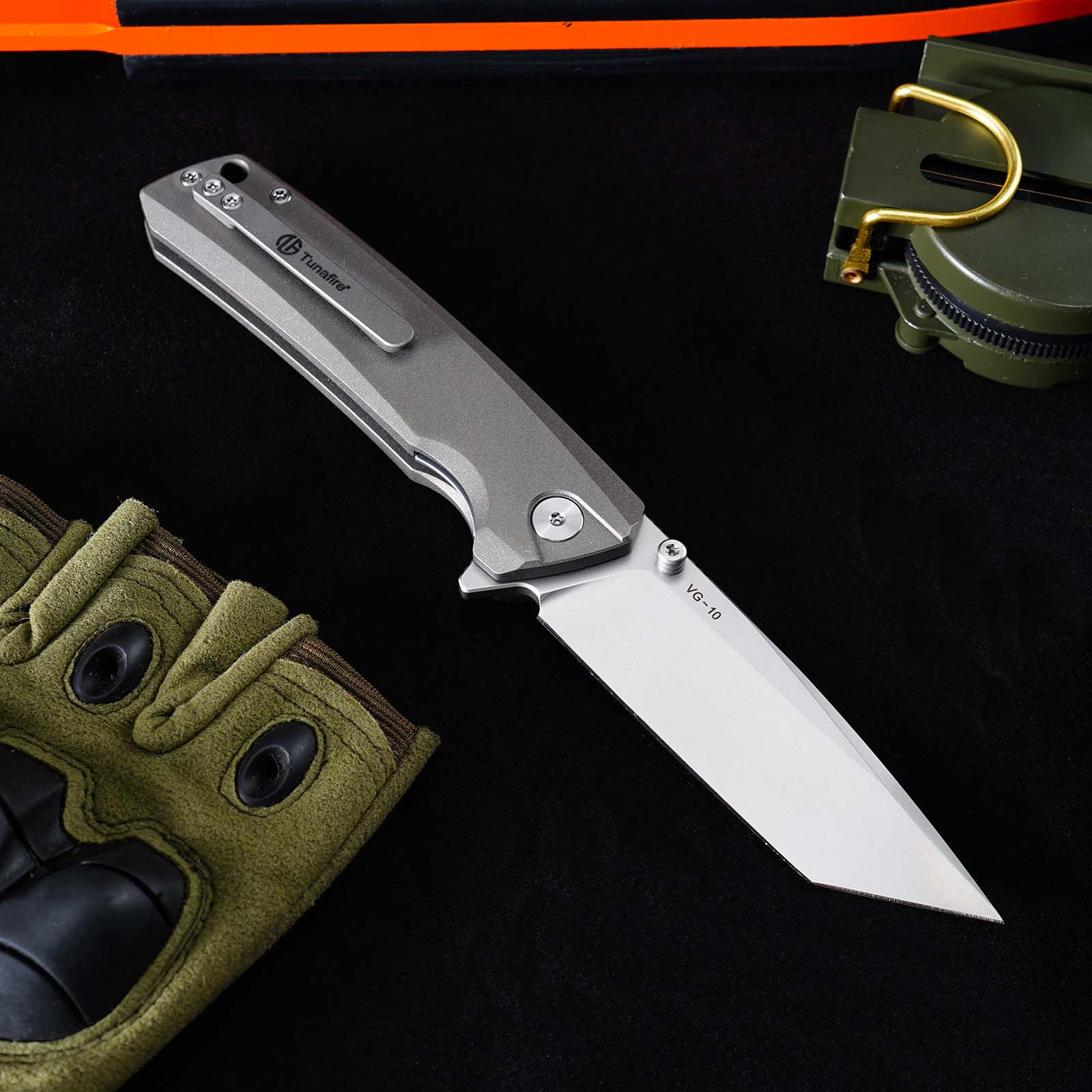 Tunafire Knife GT-T0077 VG10 Steel Folding Pocket Knife, Gray Titanium alloy Handle Ceramic Bearing EDC Utility Knife